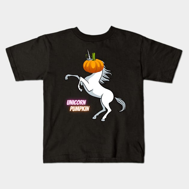 Halloween Unicorn Pumpkin Unicorn with a Pumpkin Head Funny Halloween Costume Halloween Gift Pumpkin Horse Magical Halloween All Hallow's Eve Kids T-Shirt by nathalieaynie